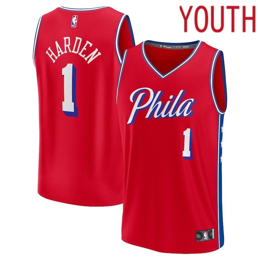 Youth Philadelphia 76ers 1 James Harden Fanatics Branded Red Statement Edition 2022-23 Fast Break Player NBA Jersey